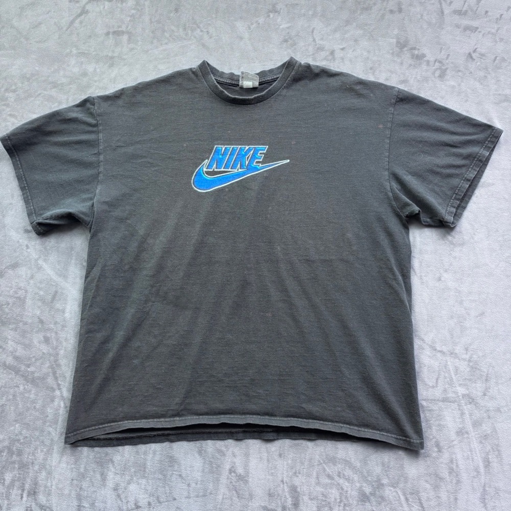 Vintage Nike Spellout T-Shirt XXL Black Blue Embroidered Swoosh Y2K Tee